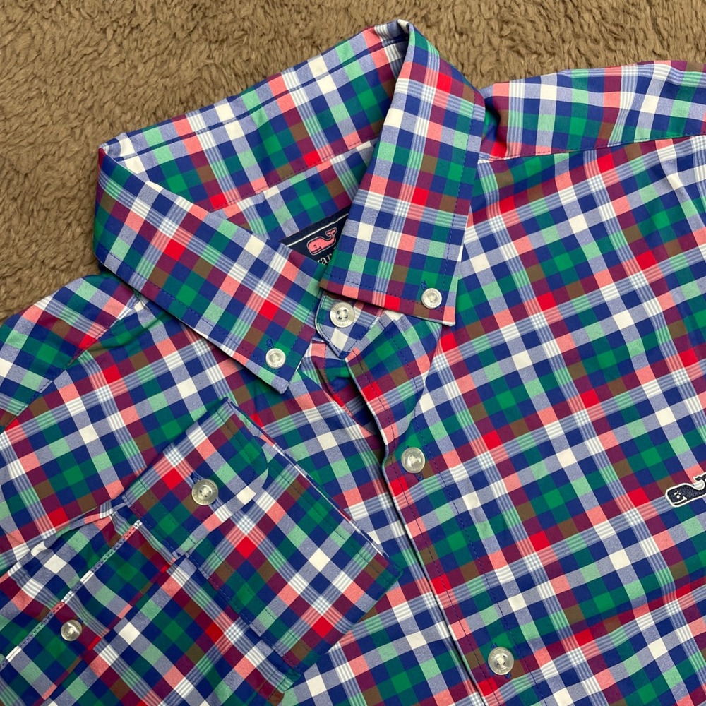 Vineyard Vines Whale Shirt Mens Medium Plaid Performance Nylon Spandex Stretch